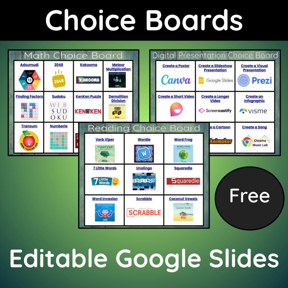 Free choice boards for gifted and talented early finishers.